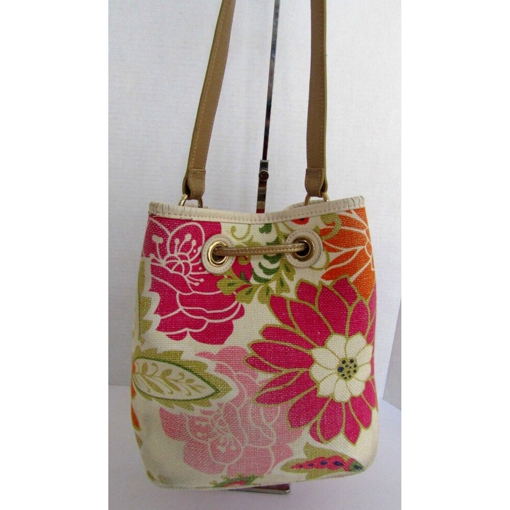 Spartina 449 Daufuskie Floral Bucket Bag Linen Leather Shoulder Purse - Picture 6 of 12